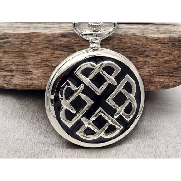 Celtic Knot Pocket Watch - Elegant Black Enamel Face with Silver Design Gift - Picture 1 of 9